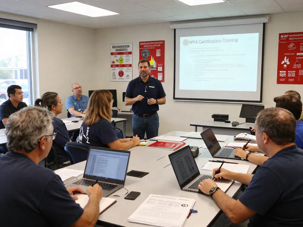 Engaging NFPA Certification Training classroom scene with diverse professionals learning about fire safety.