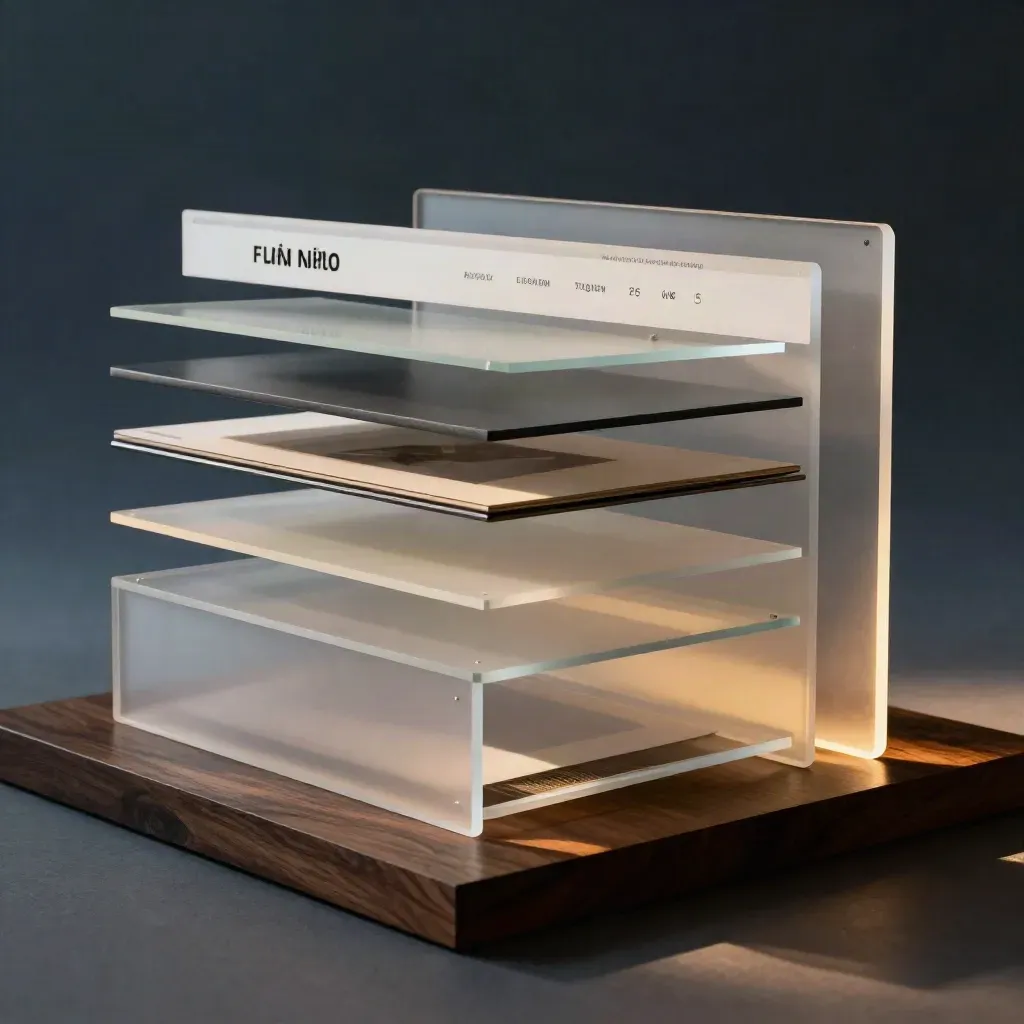 Layered frosted acrylic homepage panels and section blocks in a dark cinematic studio.