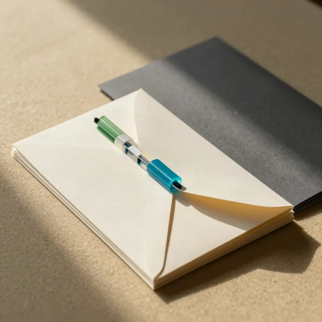 Folded launch-message cards and seals mid-fan with cyan accents in a moody studio still life.