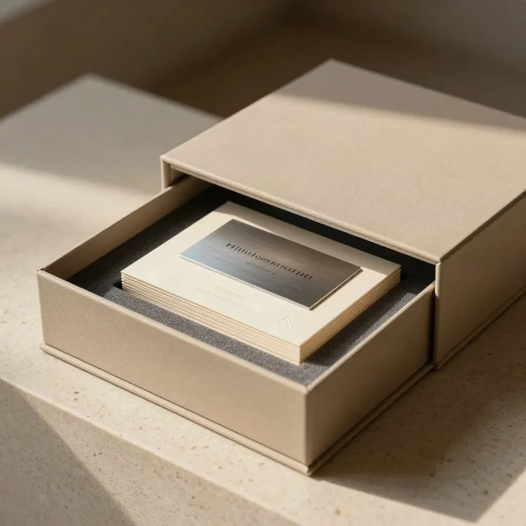 Open launch kit with plaque, site tile, and message cards on travertine in moody light.