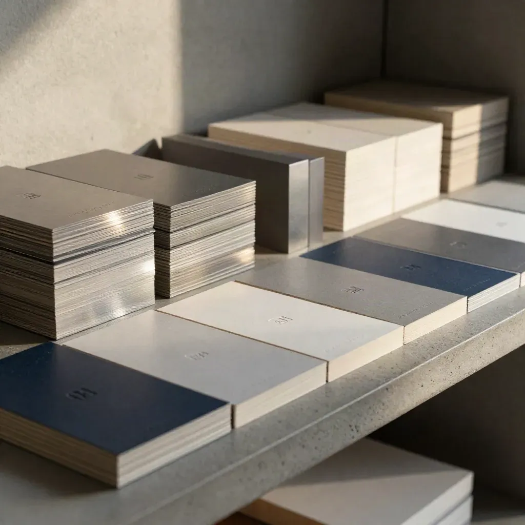 Identity system swatches, wraps, and modular brand cards arranged on a studio shelf.