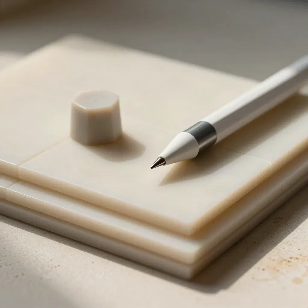 Stylus, calibration puck and layered layout tiles in a tight macro still life.
