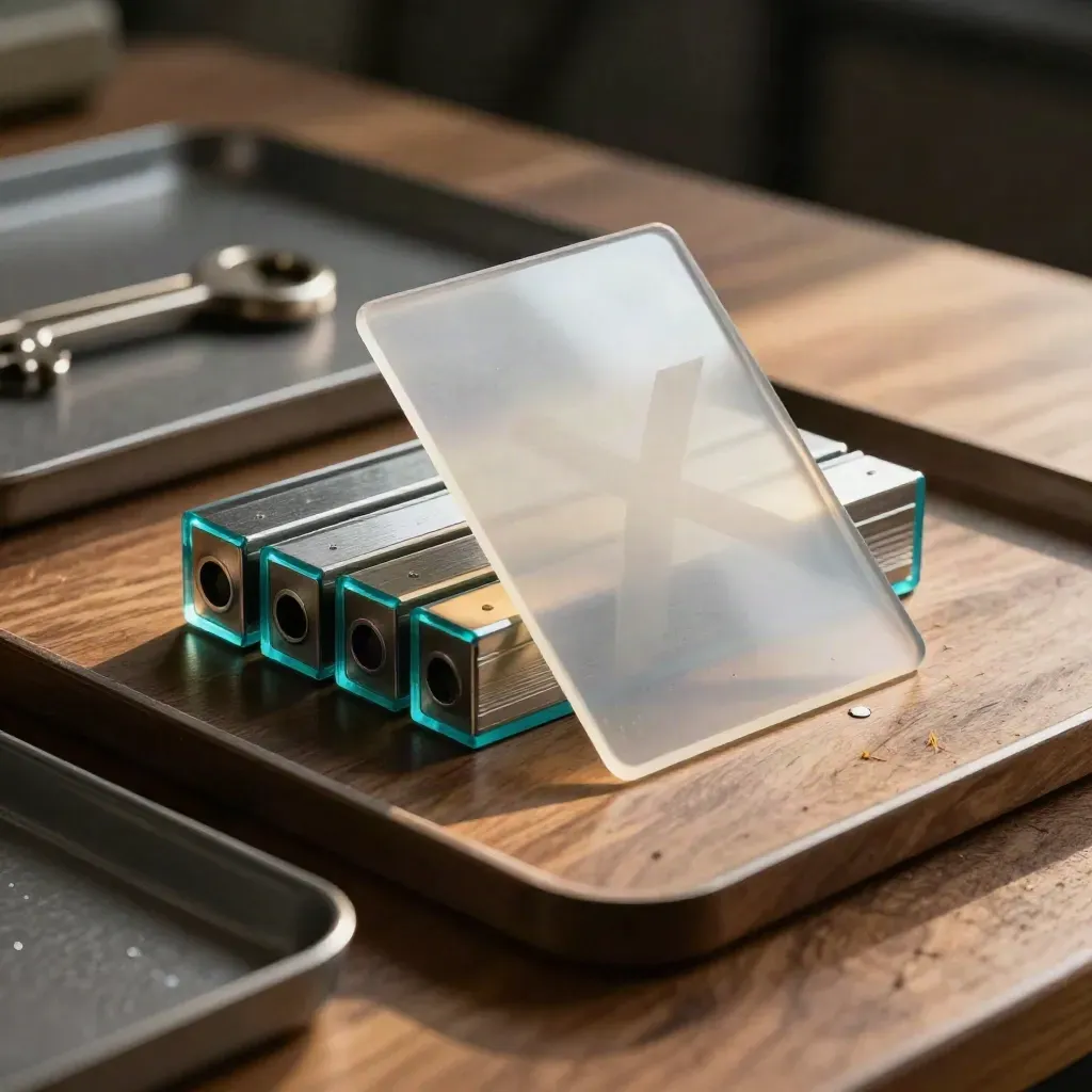 Metal type slugs, acetate overlays and a reflector card on a walnut studio bench.