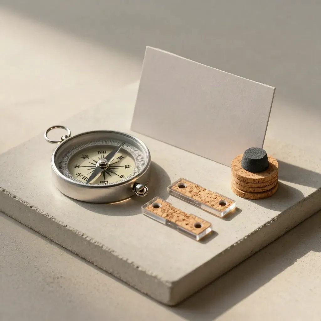 Overhead flatlay of acrylic planning tabs clipped to a compass disc on cork and concrete.