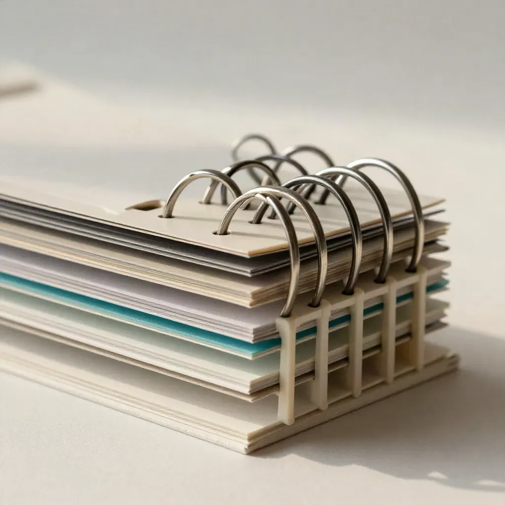 Binder rings, acrylic spacers and sample strips on an off-white plaster sweep with cyan accent.