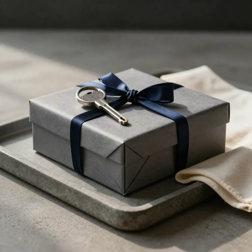 Archival box with silver drive key and navy ribbon on a stone tray