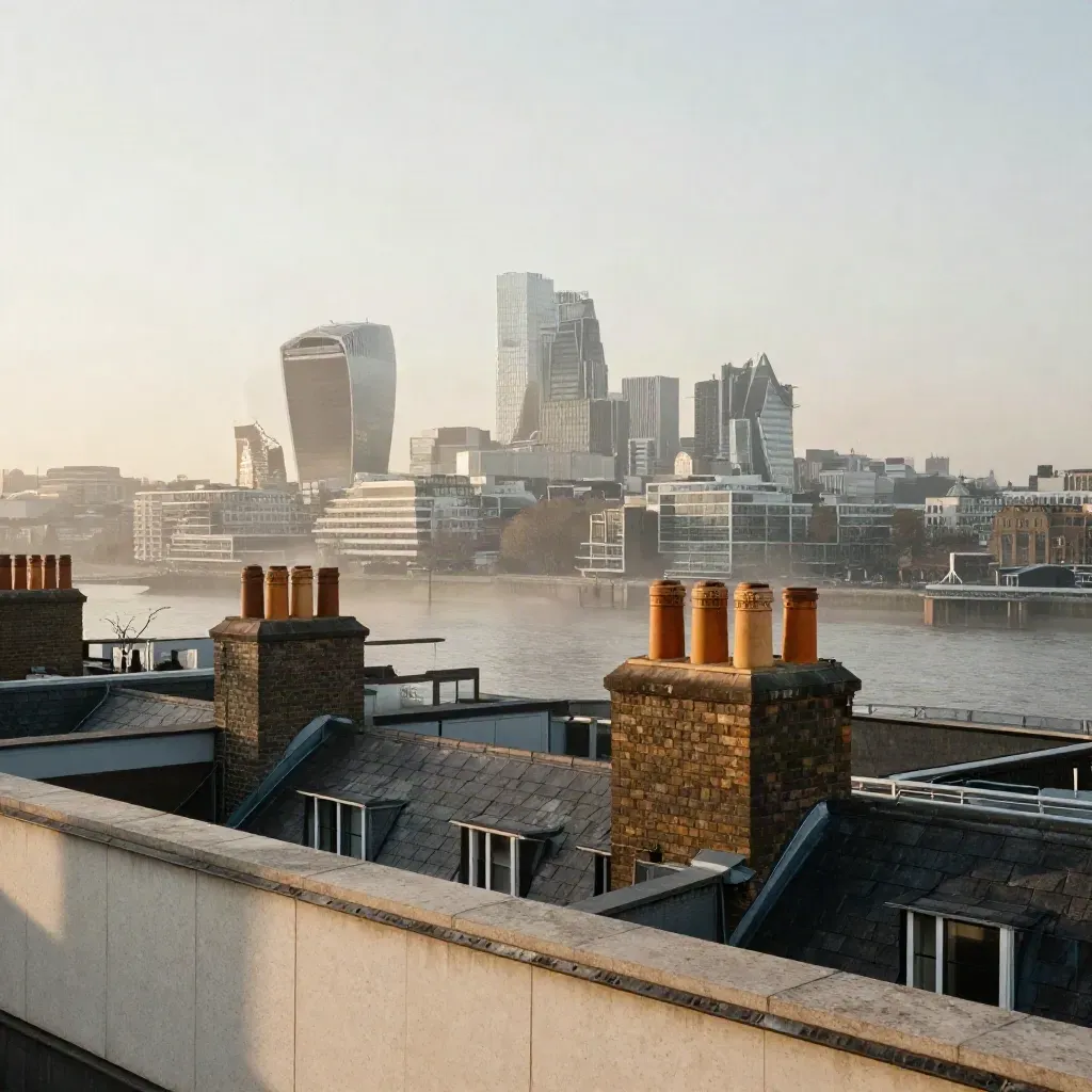 London skyline at dawn above the Thames, chimneys and glass towers in river mist