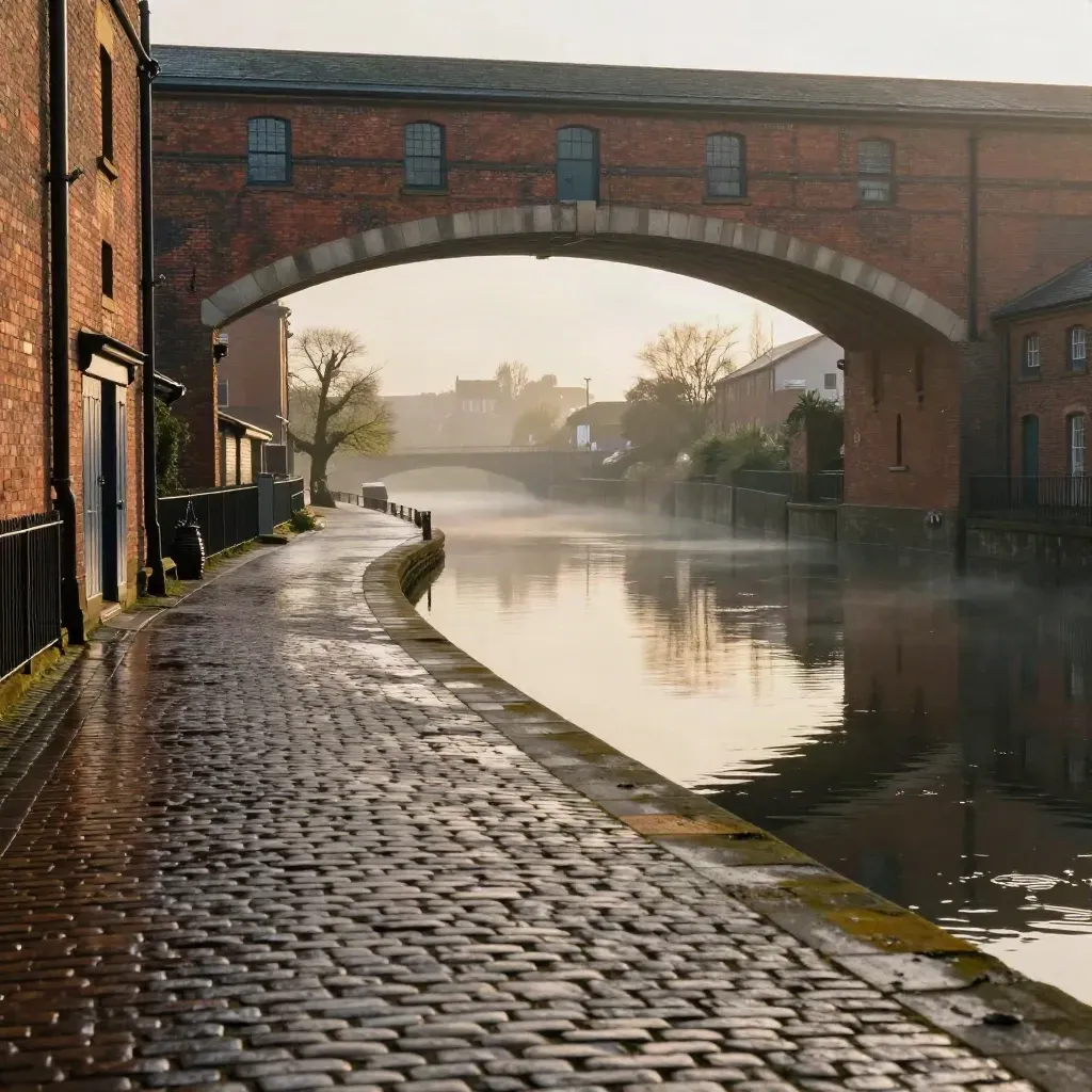 Misty Manchester canal warehouses and red brick viaducts glowing after rain over calm open water.