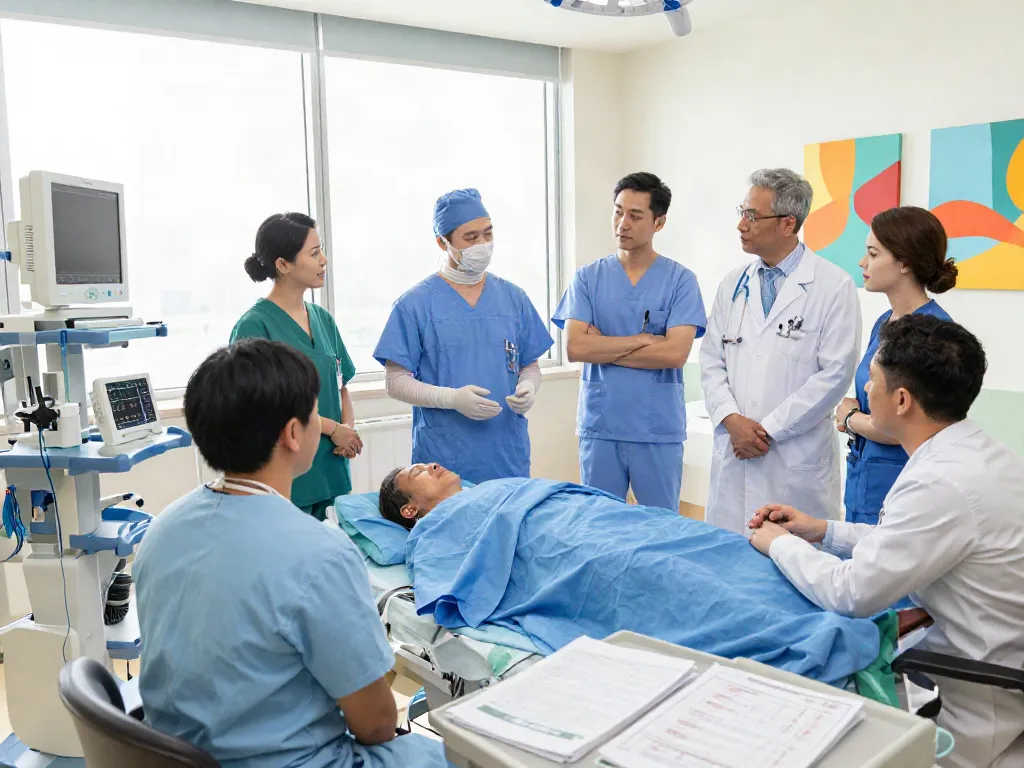 Heart transplant specialists collaborating in a bright hospital, showcasing advanced patient care.